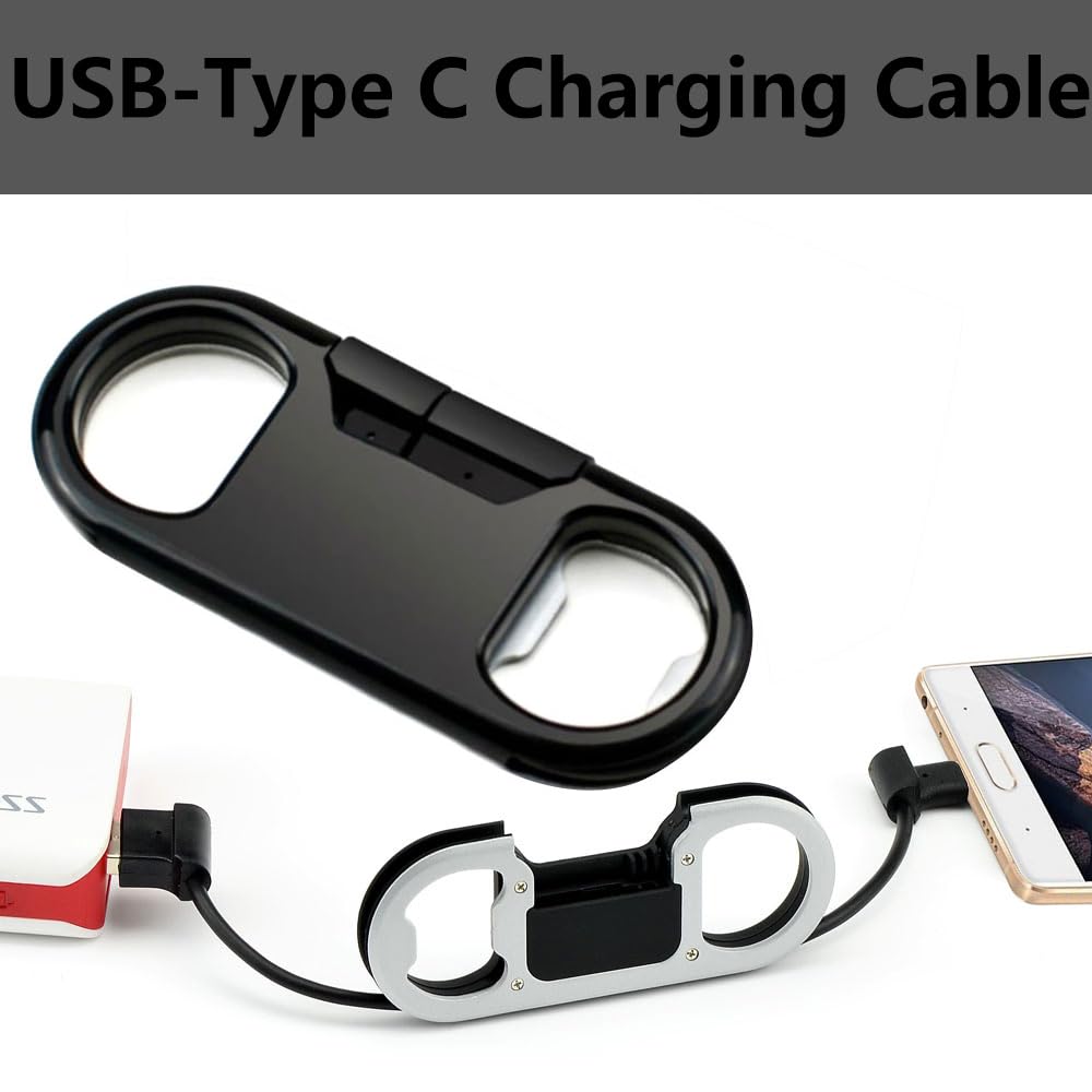 USB Type-C Fast Charging Cable with Keychain and Bottle Opener, Aluminum Carabiner - Compatible with Galaxy S24/S20, Iphone 16, Note 20/19, Pixel 9/9 Pro/8/7 - Black