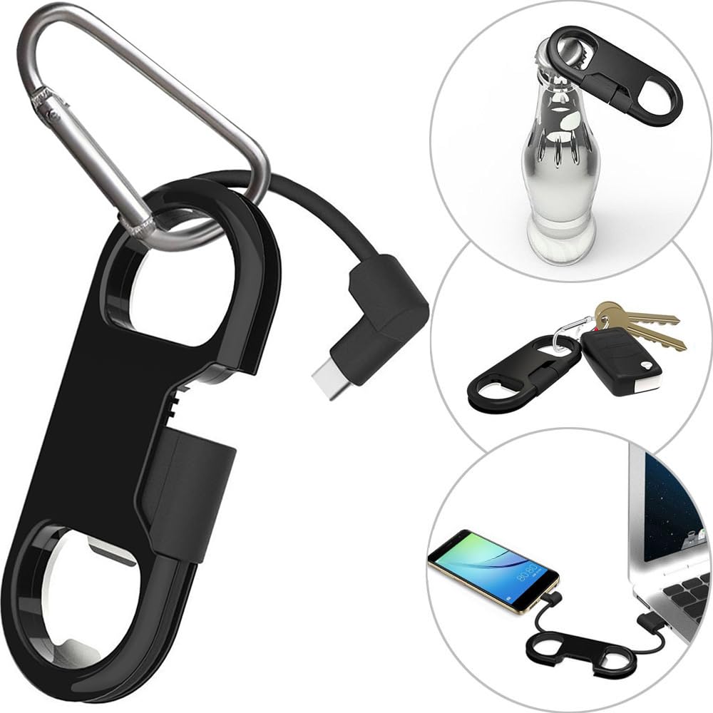 USB Type-C Fast Charging Cable with Keychain and Bottle Opener, Aluminum Carabiner - Compatible with Galaxy S24/S20, Iphone 16, Note 20/19, Pixel 9/9 Pro/8/7 - Black